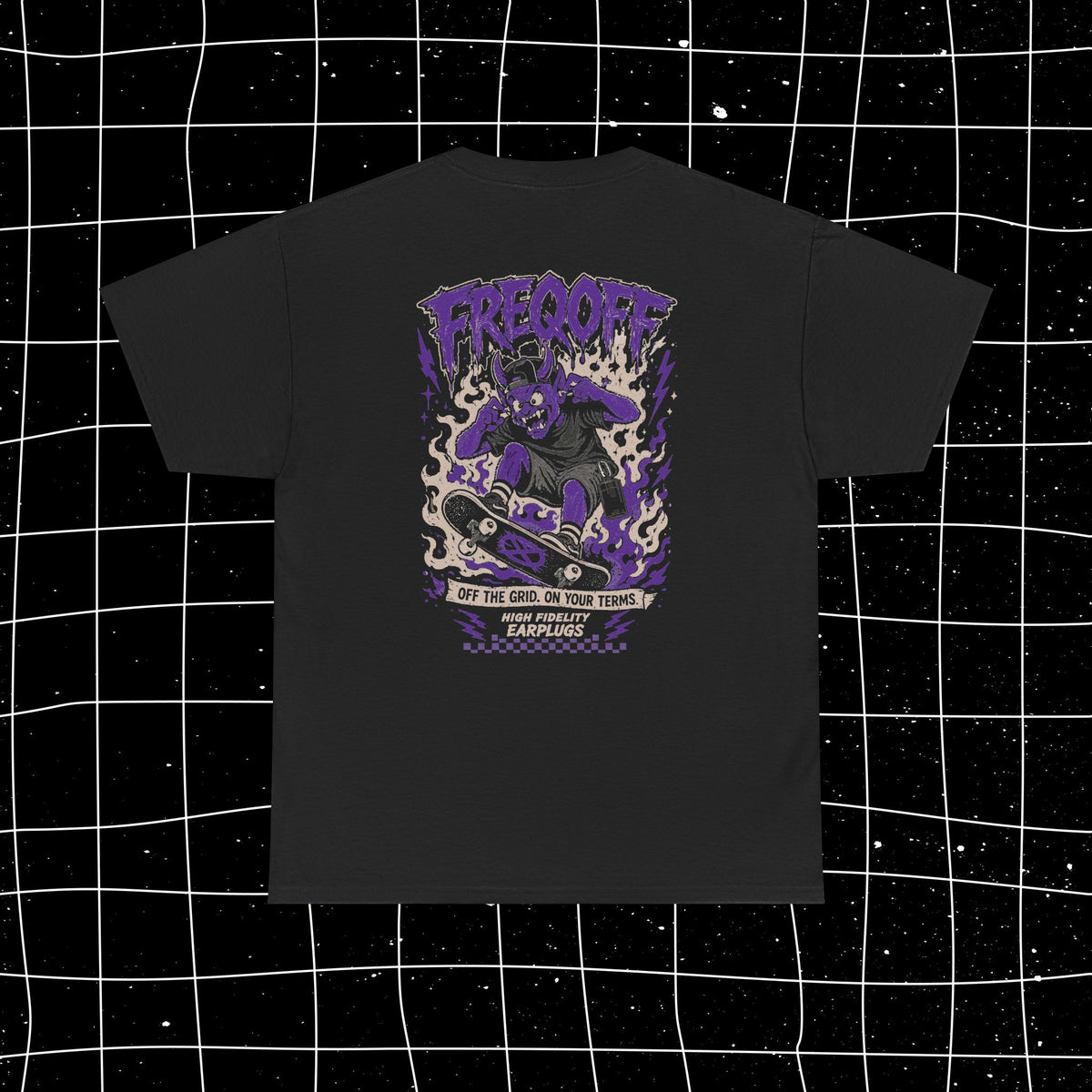 Black FREQOFF Heavy Tee, flat back view with a purple skateboarding character and flame graphic.