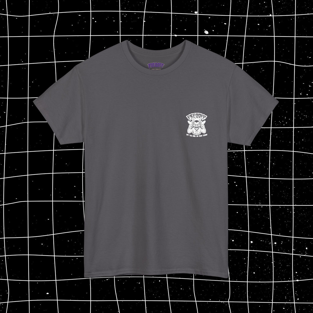 Charcoal FREQOFF Heavy Tee, shaped front view showing the white chest graphic.