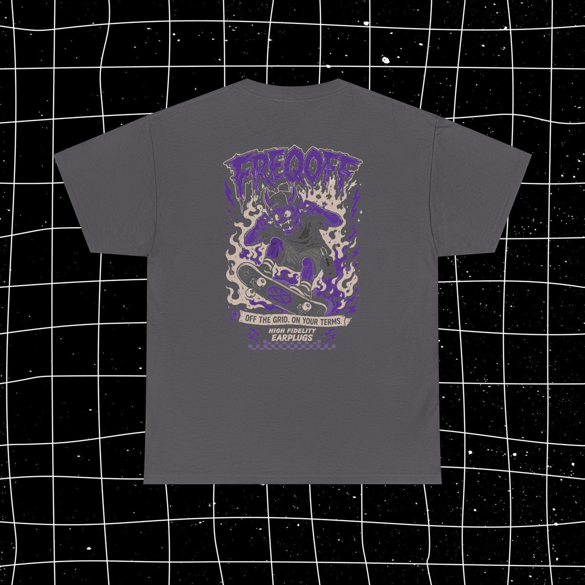 Charcoal FREQOFF Heavy Tee, flat back view with a purple skateboarding character and flame graphic.