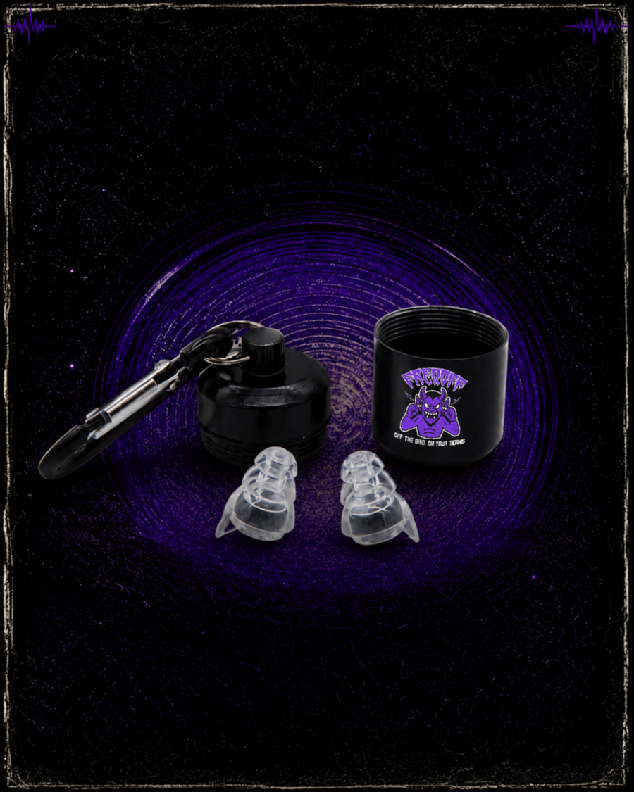 FREQOFF Black high-fidelity earplugs with reusable case
