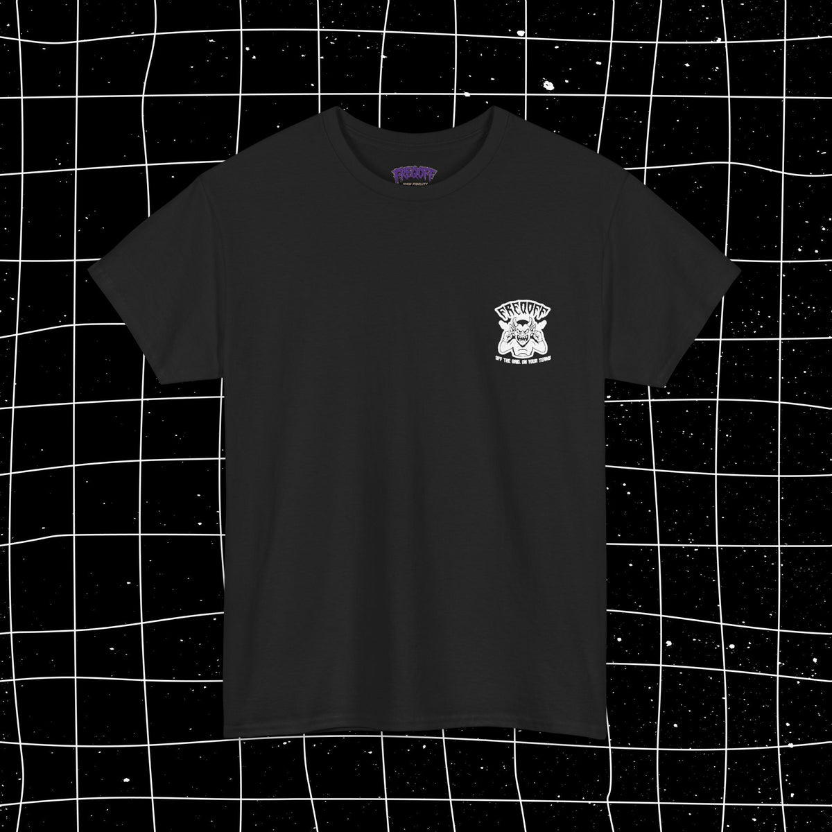 Black FREQOFF Heavy Tee, shaped front view showing the white chest graphic.