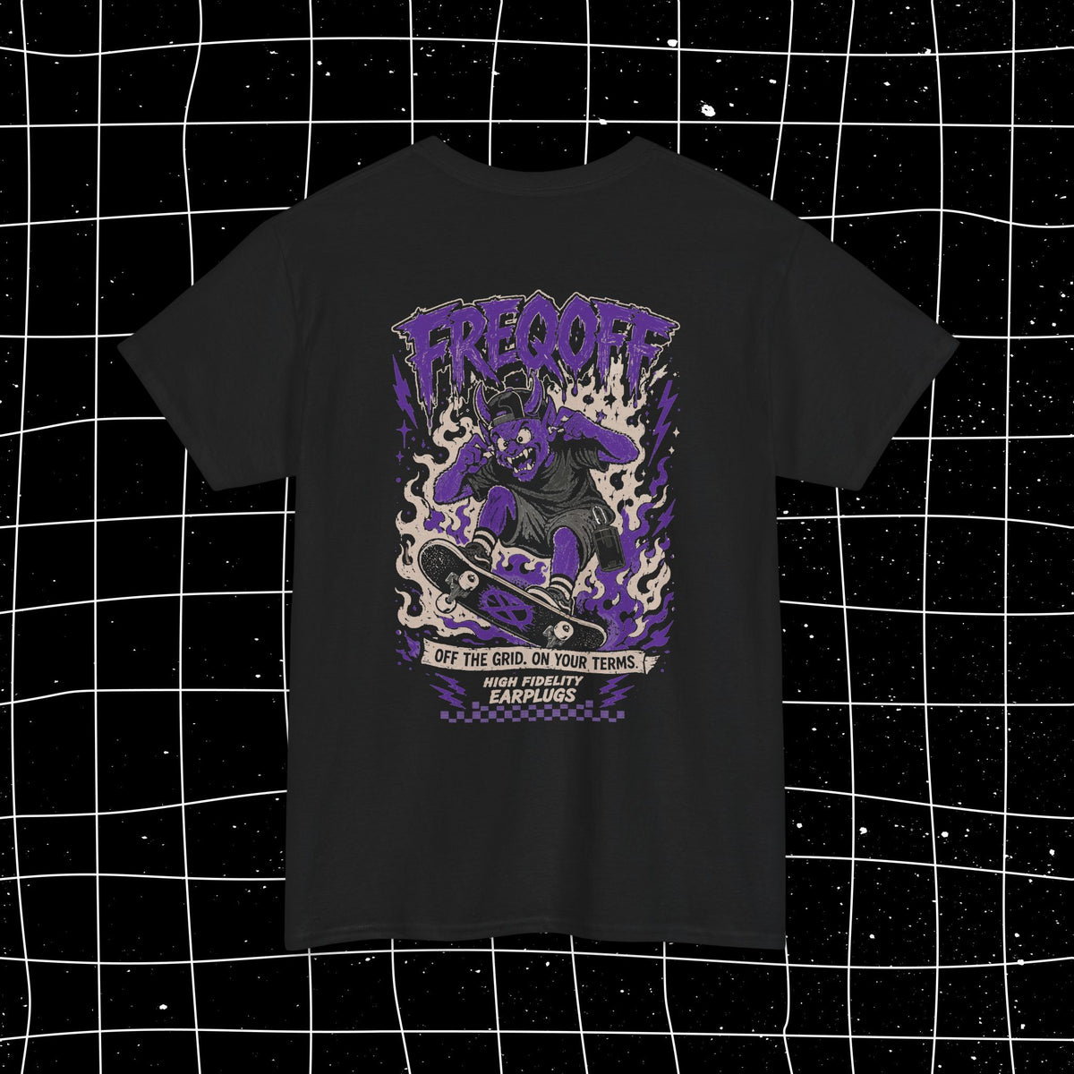 Black FREQOFF Heavy Tee, shaped back view showing the purple graphic and Off the Grid. On Your Terms. slogan.