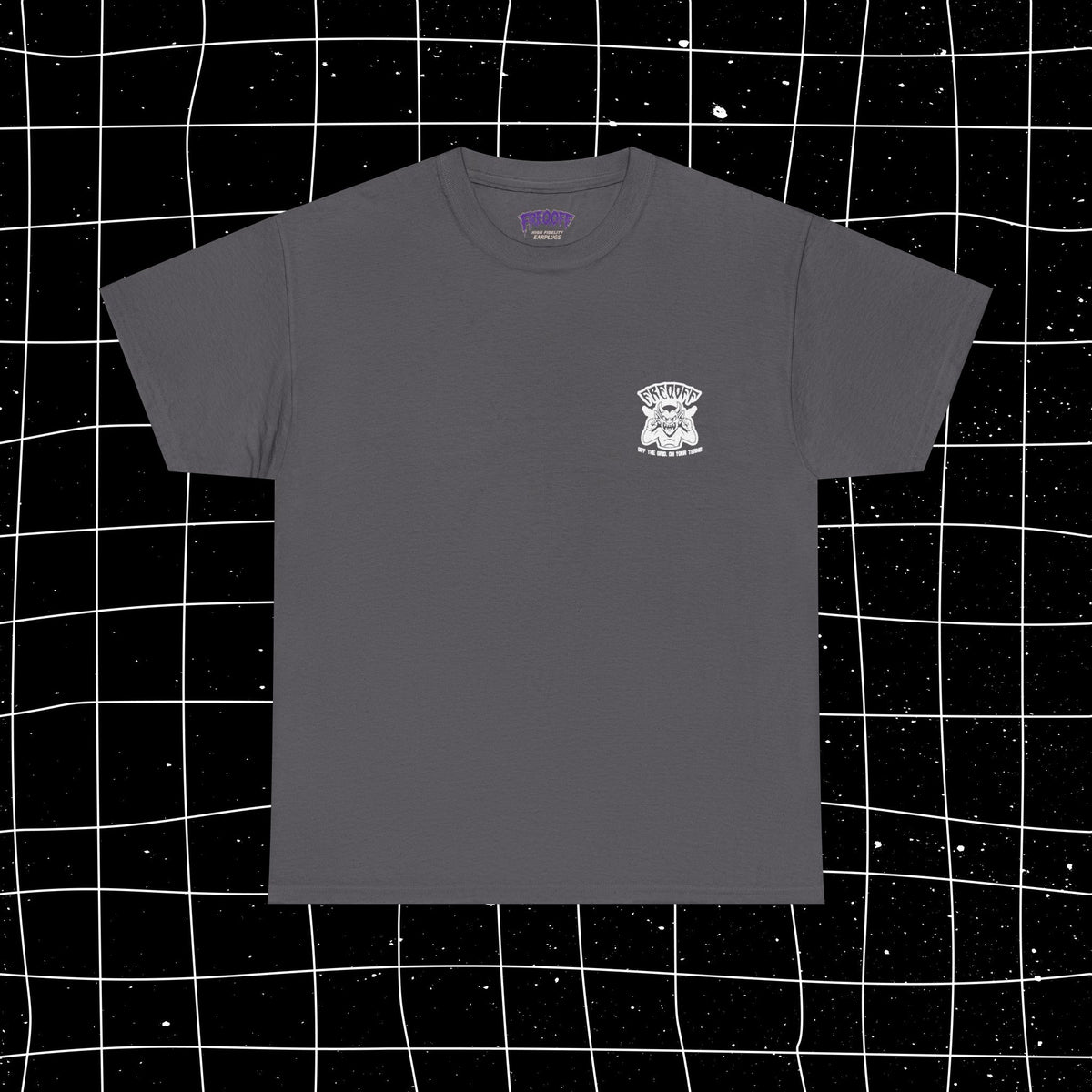 Charcoal FREQOFF Heavy Tee, flat front view with a small white chest graphic.
